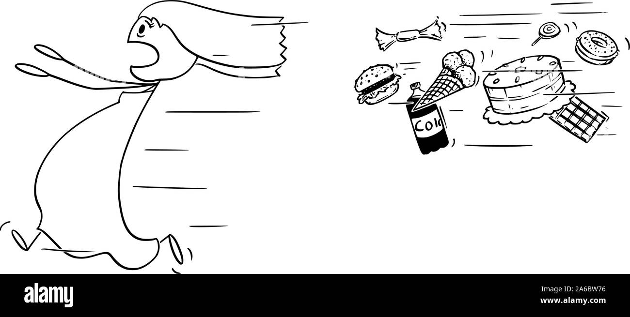 Vektor cartoon Strichmännchen Zeichnen konzeptionelle Darstellung der Übergewichtigen und fette Frau weg laufen Jagten durch ungesunde Junk Food. Konzept der gesunden Lebensweise. Stock Vektor