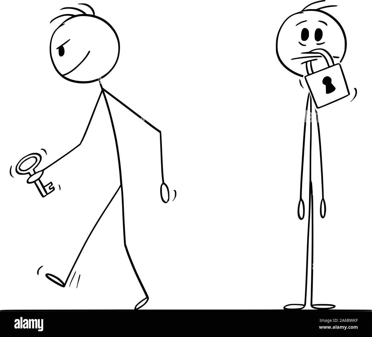 Vektor cartoon Strichmännchen Zeichnen konzeptionelle Darstellung der Mann mit Vorhängeschloss auf seinem Mund, einen anderen Mann verlassen mit Schlüssel ist. Konzept der Stille und Zensur. Stock Vektor