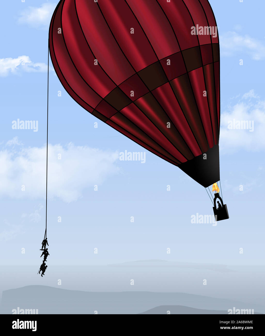 Menschen genutzt, um ein Seil Gewicht nach unten den Flug der ein Mann in einem Heißluftballon in dieser Abbildung zum Tragen Eigengewicht. Stockfoto