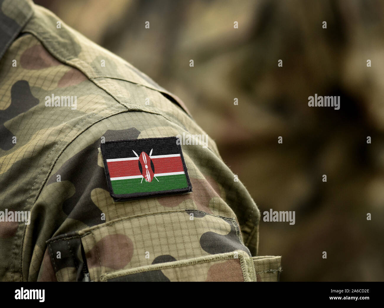 Flagge Kenia am militärischen Uniform. Armee, Soldaten, Soldaten, Afrika, (Collage). Stockfoto