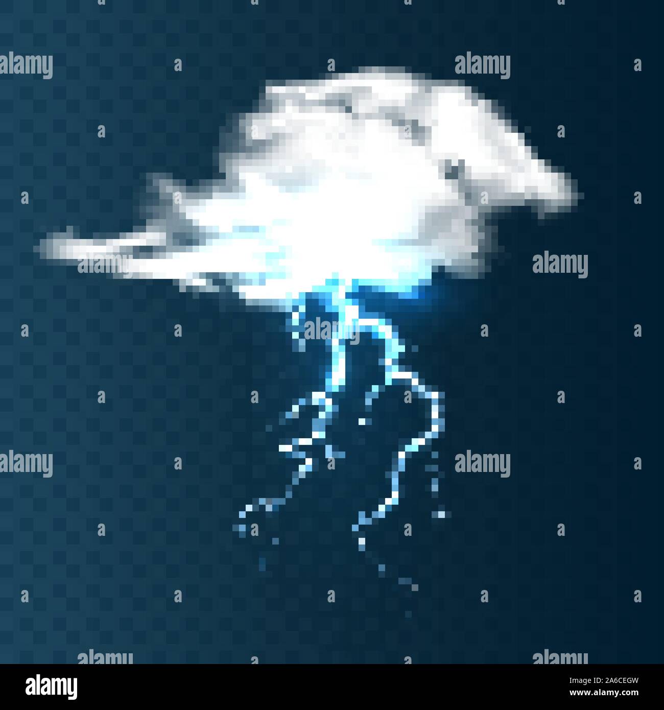 Realistischen Wolken mit Blitz auf blauem Hintergrund. Gewitter und Blitz. Funken des Lichts. Stürmisches Wetter Wirkung. Vector Illustration. Stock Vektor