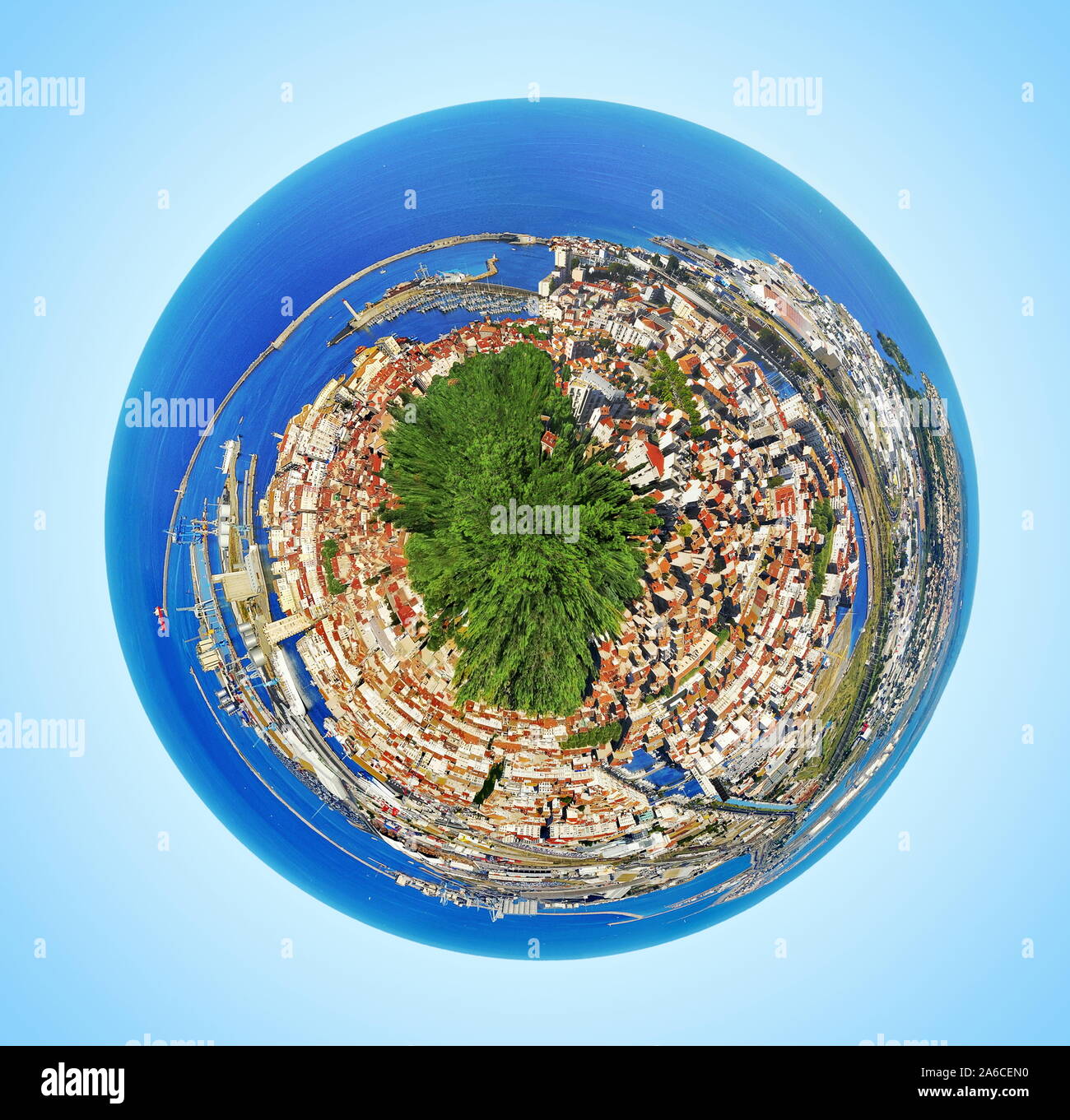 Darstellung der invasiven Urbanisierung auf den Planeten von der Luftaufnahme einer Stadt. Stockfoto