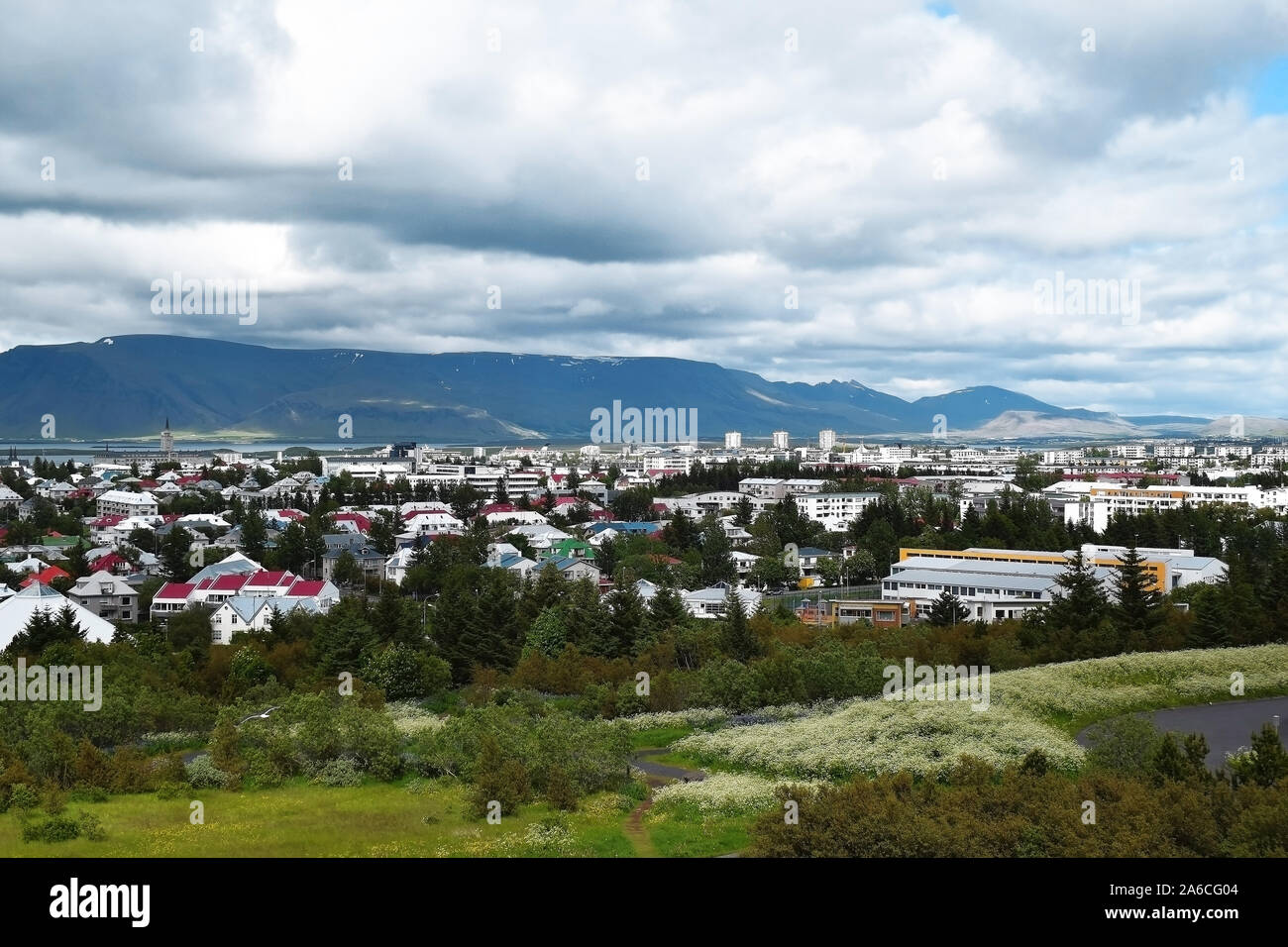 Reykjavik, Island Panoramablick, mit bunten Dächern, grünen Bäumen und blauer Himmel Stockfoto