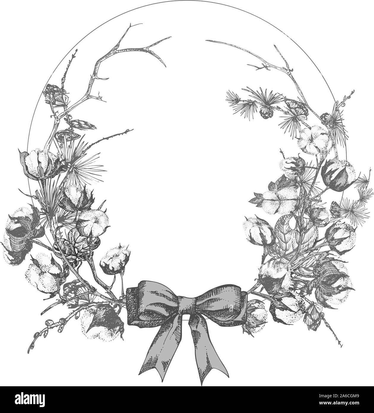 Hand botanischen Skizze Girlande mit Weihnachten pflanzen Vintage Gravur schwarz-weiß Stil Abbildung traditioneller Weihnachtsschmuck gezeichnet. Stock Vektor