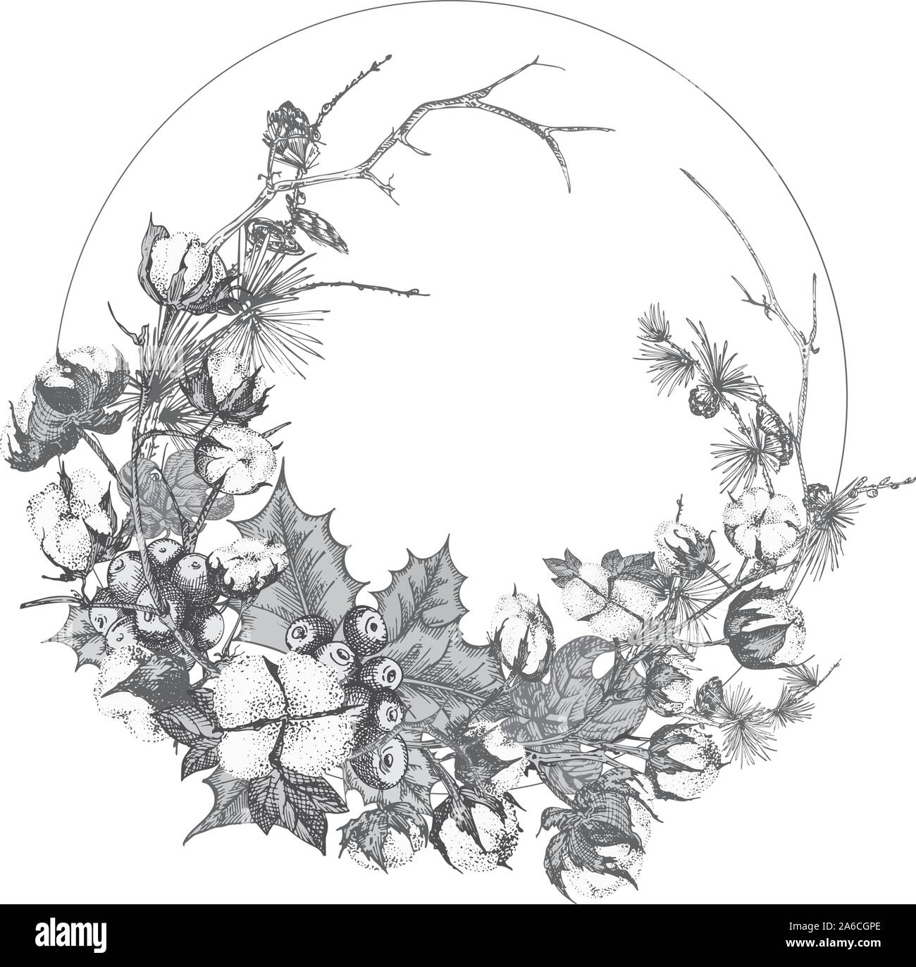 Hand botanischen Skizze Girlande mit Weihnachten pflanzen Vintage Gravur schwarz-weiß Stil Abbildung traditioneller Weihnachtsschmuck gezeichnet. Stock Vektor