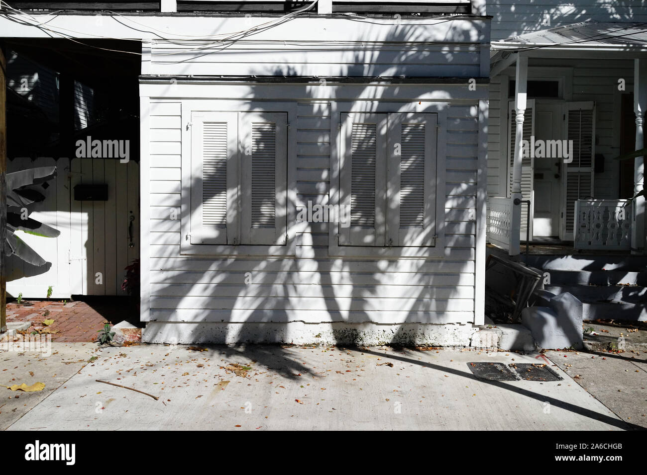 Starke Schatten Muster der Palme auf der einen Geschichte Insel zu Hause mit Fensterläden, clap board Abstellgleis. Conch House auf Key West, FL, USA Stockfoto