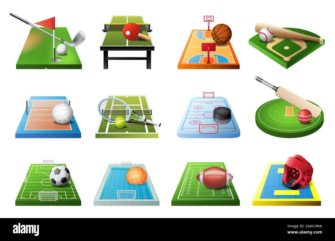 3d-Spielplätze mit Ausrüstung für verschiedene Arten von Sport isolierte Icon Set, Fussball, Tischtennis, Basketball, Baseball, Volleyball, Hockey, Wasser Stock Vektor