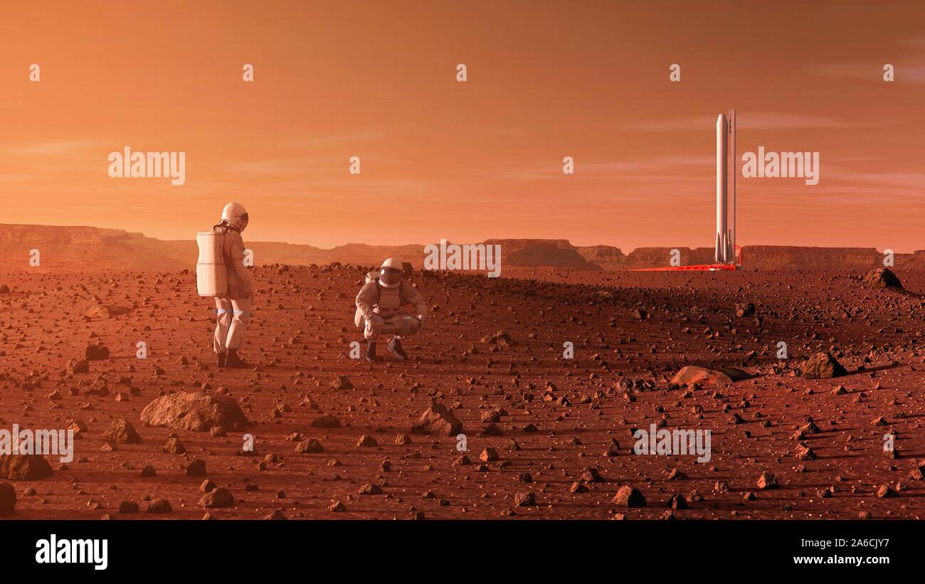 Kunstwerke an Astronauten auf dem Roten Planeten, Mars, einige Zeit in der Zukunft. Stockfoto