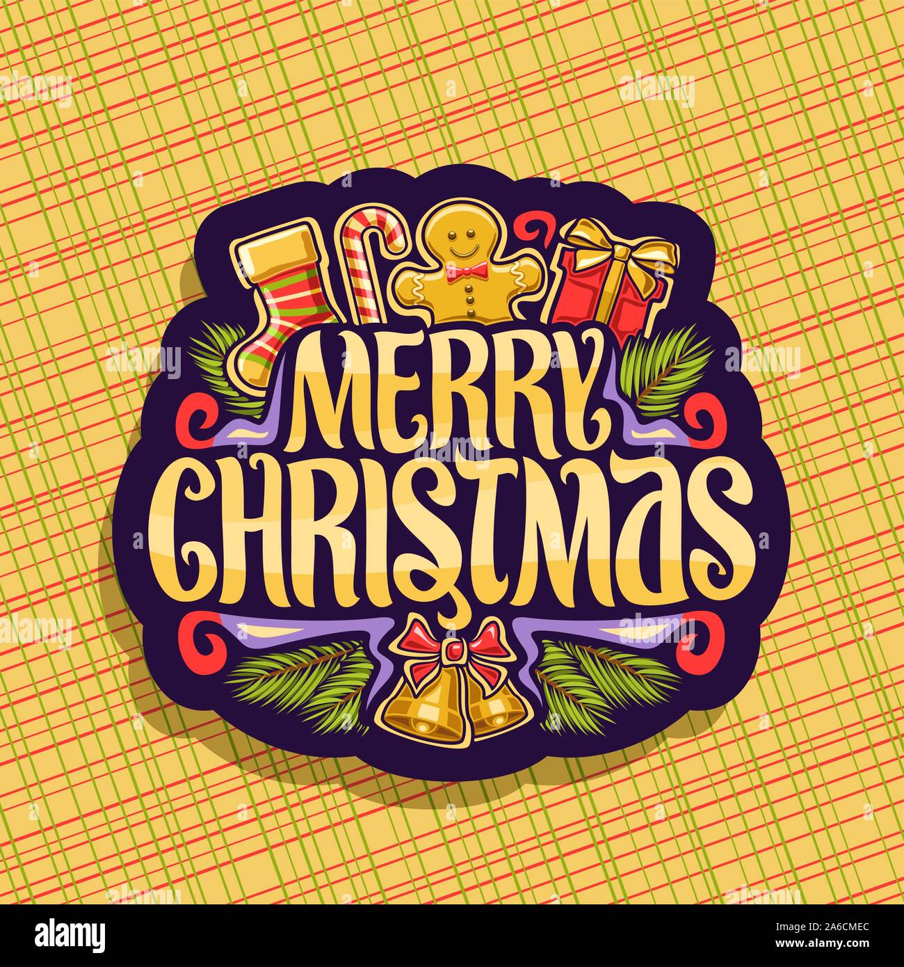 Vektor logo für Frohe Weihnachten, dunkle dekorative Zeichen mit Kindern Socke, sweet Candy Cane, niedliche Gingerbread Man, Geschenkbox, ursprünglichen Schrifttyp für Wünschen mes Stock Vektor