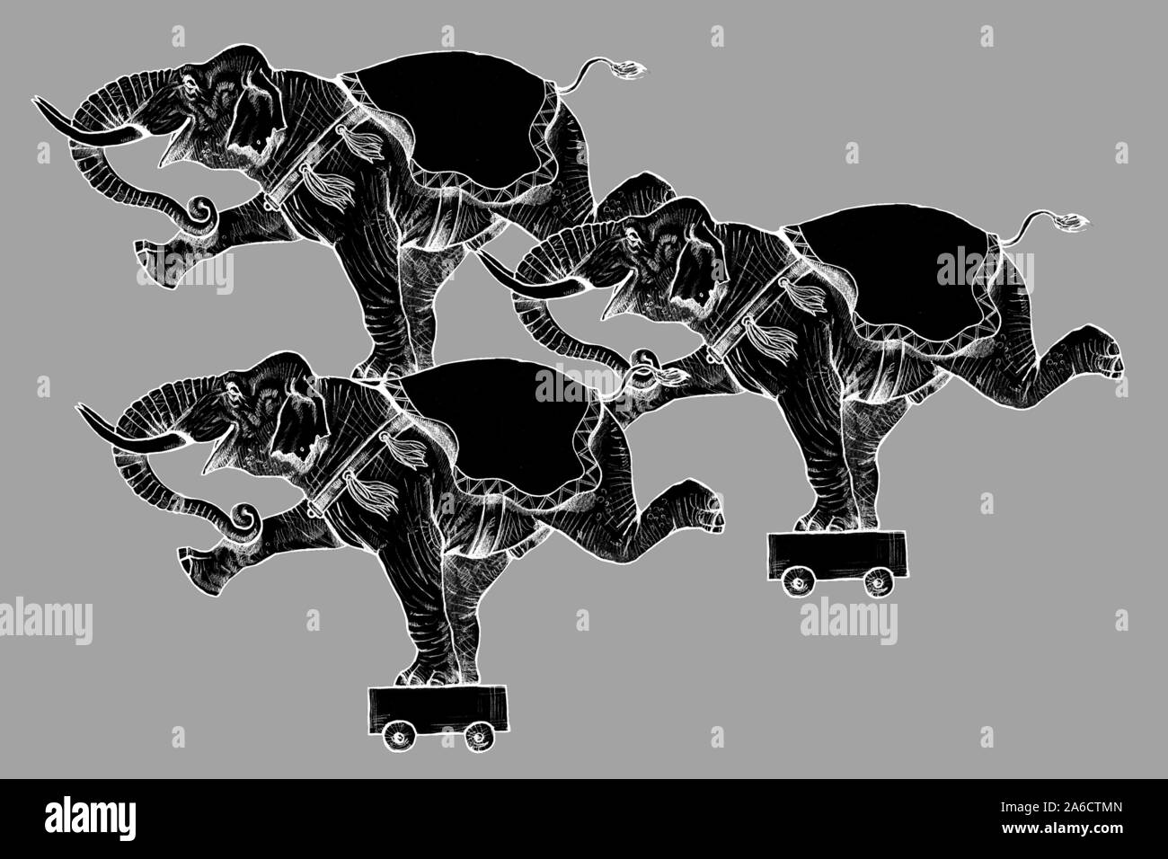 Lustige Elefanten Zeichnung. Elefant mit einem Auto in eine gute Stimmung. Stockfoto