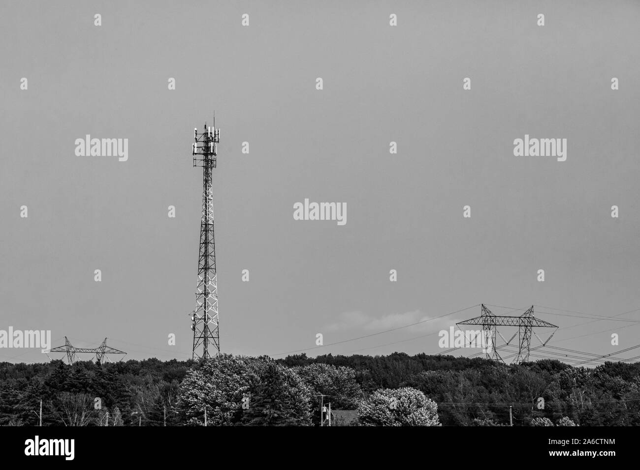 Eine schwarze und weiße Weiten winkel Landschaft mit einem hohen Zelle Aufstellungsort Turm und Stahlgitter elektrischen Masten über Baumwipfeln, Stadt- und Infrastruktur. Stockfoto