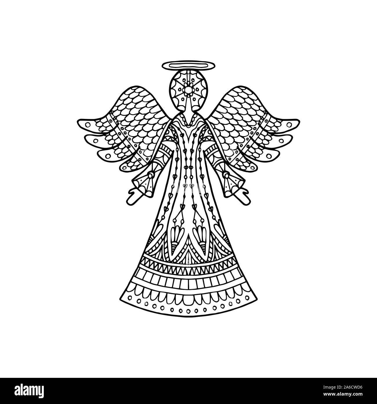 Vector Illustration von gemusterten Engel Silhouette. Weihnachten Färbung Seite Buch Stock Vektor