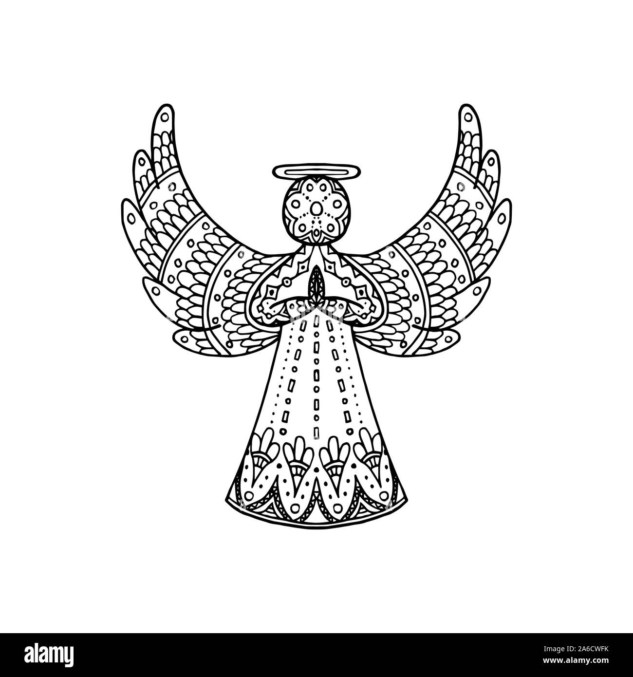 Vector Illustration von Freehand gemusterten Engel Silhouette. Weihnachten, Neujahr Färbung Seite Buch Stock Vektor