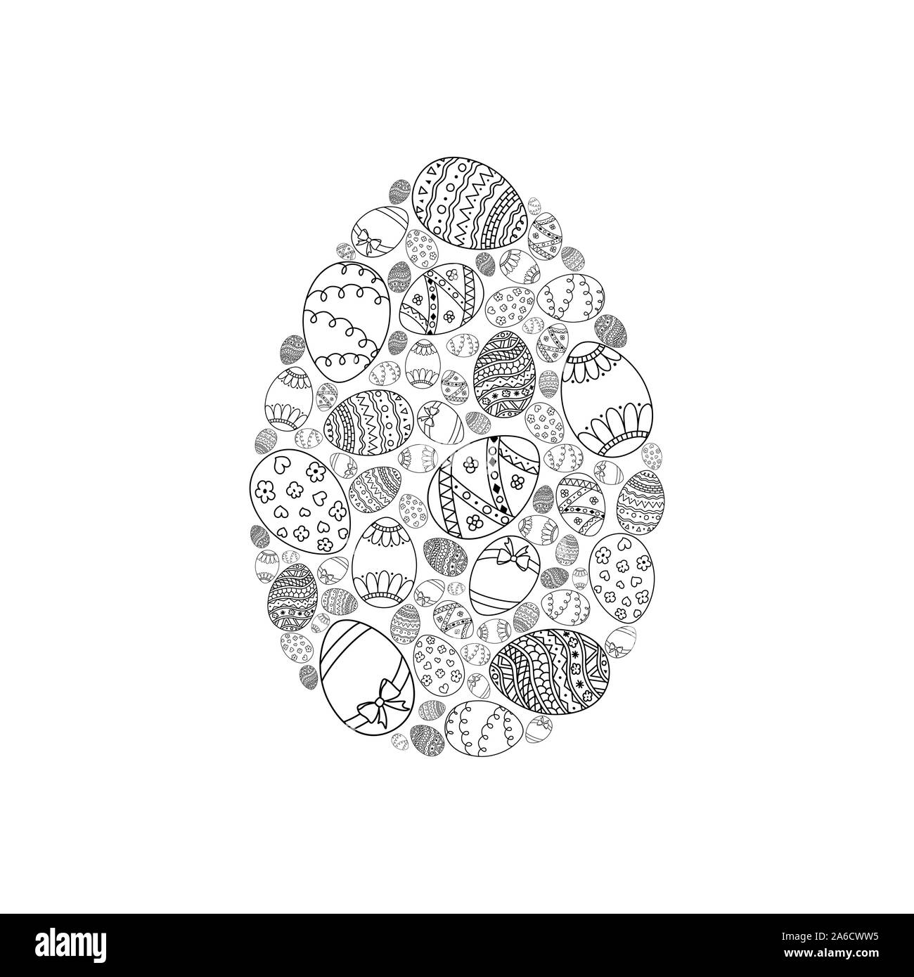 Vektor Ostern Einladungskarte von ei Form von Schwarz doodle Ostereier auf weißem Hintergrund. Ostern Färbung Seite Buch Stock Vektor