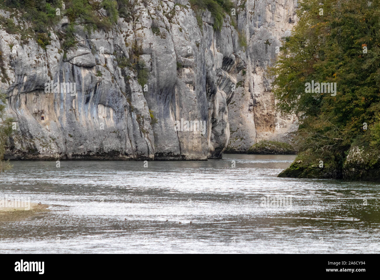Donautal an der Donau Durchbruch in der Nähe von Kelheim, Bayern, Deutschland im Herbst mit Pflanzen mit roten Blättern im Vordergrund und Kalksteinformationen in Th Stockfoto