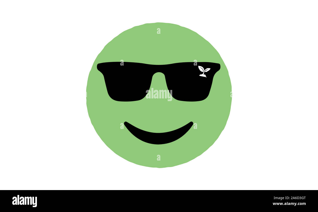 Umwelt grüne Happy Face emoji mit Sonnenbrille und Sämling Reflexion, es ist kühl über die ökologischen Probleme zu kümmern Stockfoto