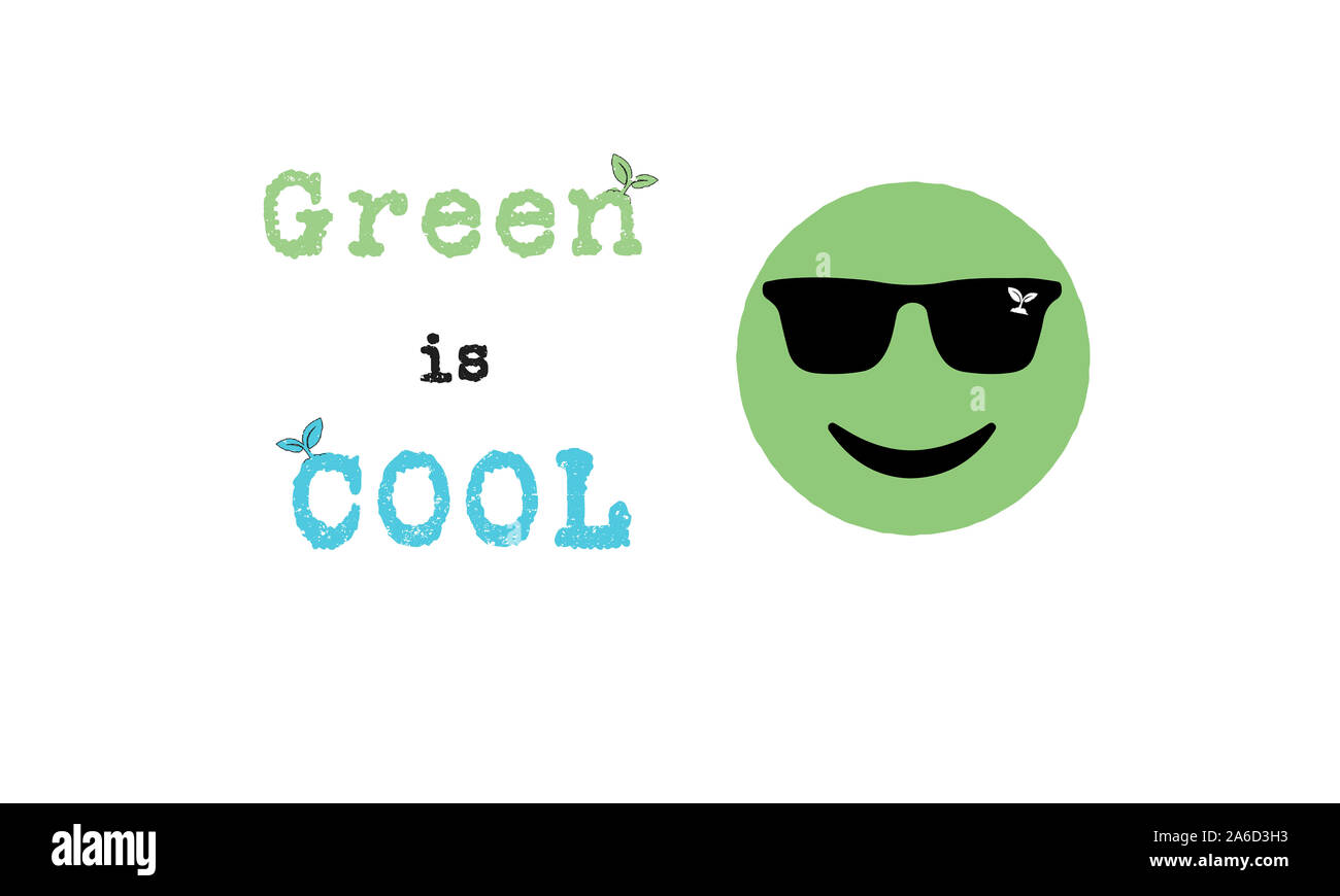Grün ist das neue cool Text mit Umwelt grünes Gesicht emoji Design, es ist kühl über die Umwelt Konzept Abbildung zu kümmern Stockfoto