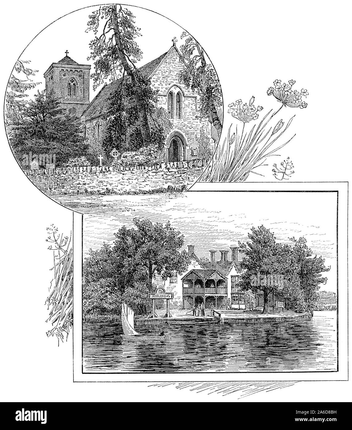 1891 Gravur der Kirche St. Maria und Nikolaus in das Dorf Littlemore, und Rose Isle (ehemals Kennington Insel) an der Themse. Sowohl in Oxfordshire, England. Stockfoto