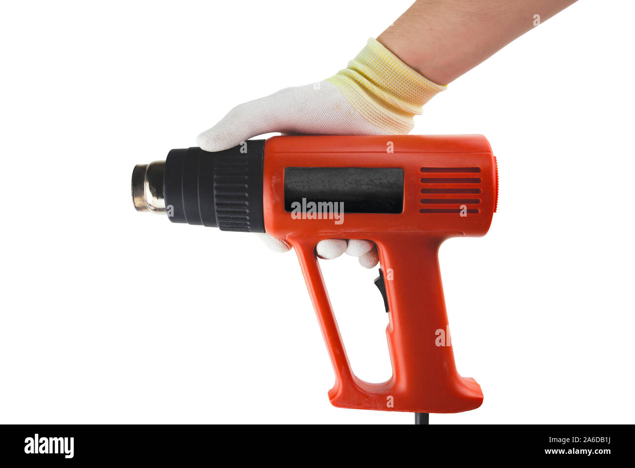 Heißluftpistole in der Hand iglowe auf weißem Hintergrund Stockfoto