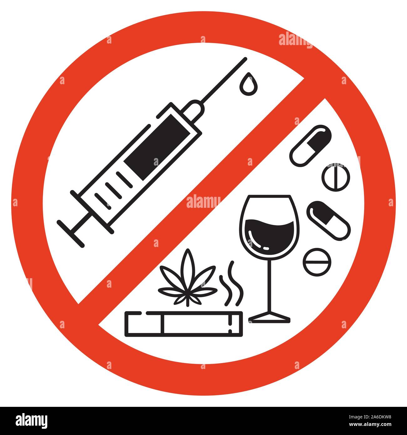 Verbietet, den Vektor unterzeichnen. Nichtraucher, keine Drogen und keinen Alkohol. Isolierte Abbildung auf weißen Hintergrund. Stock Vektor
