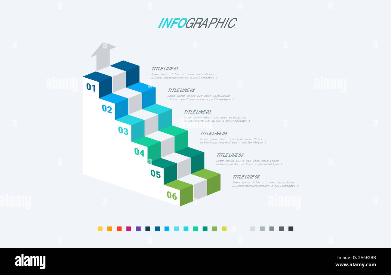 Infografik Vorlage. 6 Treppen Design mit schönen Farben. Vektor timeline Elemente für Präsentationen. Kalte Palette. Stock Vektor