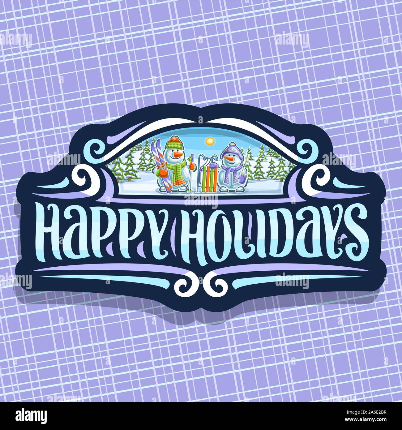 Vektor logo für Happy Holidays, dunkel retro Symbol mit 2 Cartoon lächelnd Schneemann mit Karotte Nasen im Sport Mütze, Handschuhe und Schal lila, original Bru Stock Vektor