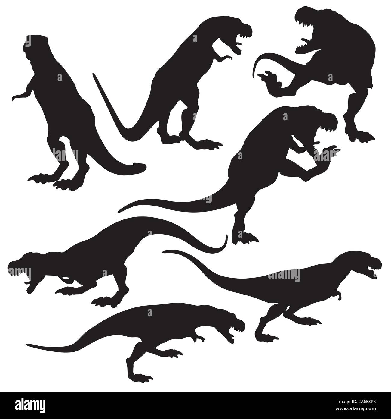 Prähistorische predator Tyrannosaurus rex Dinosaurier in unterschiedlichen Posen schwarze Silhouetten isoliert Abbildung. Stock Vektor