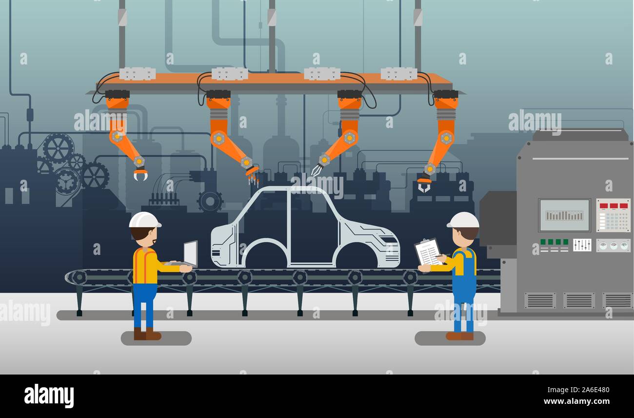 Automation Automobilwerk Konzept mit Roboter in der autofabrik Vector Illustration Stock Vektor
