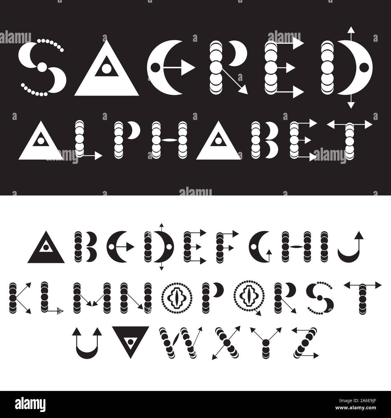 Heilige Vektor alphabet Schrift. Geometrische englischen Buchstaben. Mondphasen und andere Symbole. Elemente für Design Stock Vektor