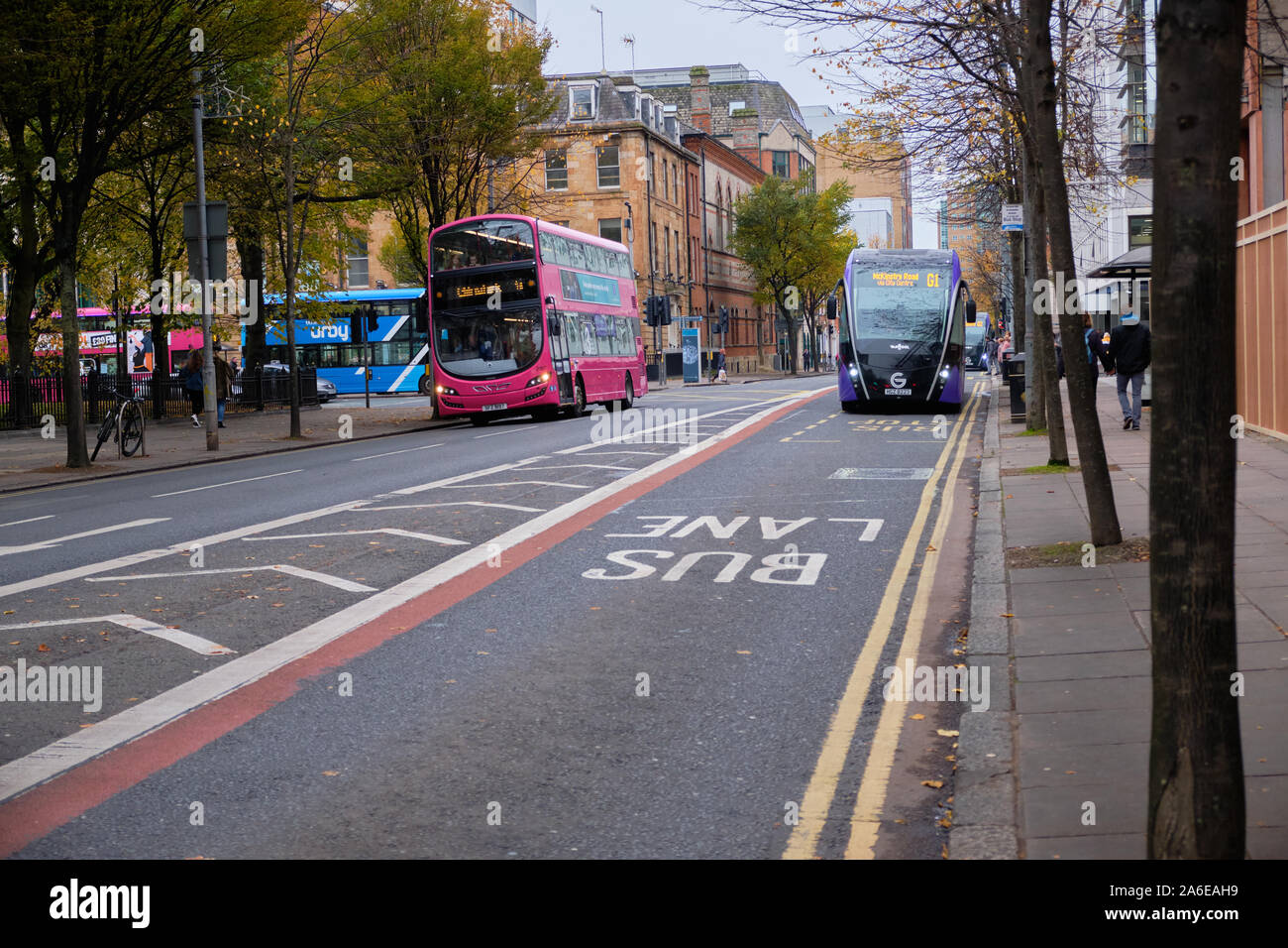 Zentrale Belfast Straße mit einer reservierten Bus Lane, von einem Segelflugzeug Bus verwendet, während andere Bus verwendet normale Lane Stockfoto