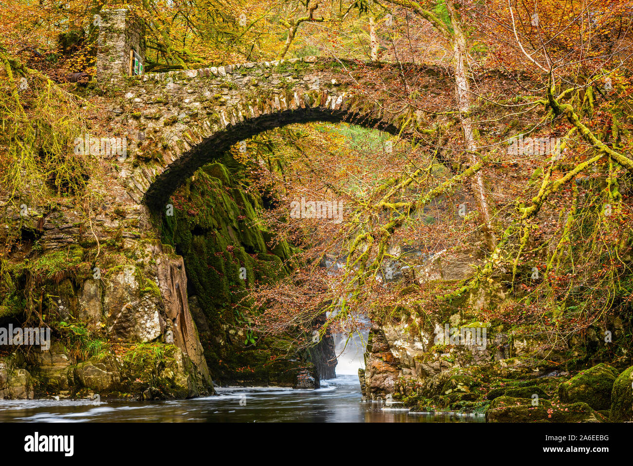 Eine Fußgängerbrücke überqueren ein Strom in Highland Perthshire, Schottland, Großbritannien Stockfoto