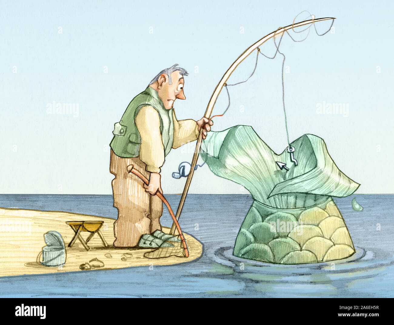 Fischer mit Überraschung und besorgt die Fänge ein riesiger Fisch humorvoll zeichnen Stockfoto