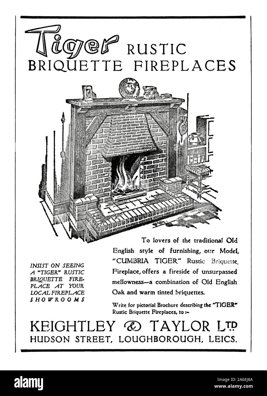 Anzeige für ein rustikales, Tudorstil brikett Kamin, 1951. Die Briketts (kleine Steine) wurden verwendet, um traditionelle Feuer zu erstellen umgibt, 'Charakter' und Wärme, um eine post-Haus. Diese 'Tiger' Design wurde von Keightley und Taylor Ltd, Loughborough, Leicestershire, England, UK. Es beinhaltete auch Holz Eiche balken einen Zeitraum (mock Tudor, Old English oder Mittelalterliche) Aussehen zu geben. Dies ist ein Blick, der in der Regel altmodisch und veraltet diese Tage gelten würde. Stockfoto