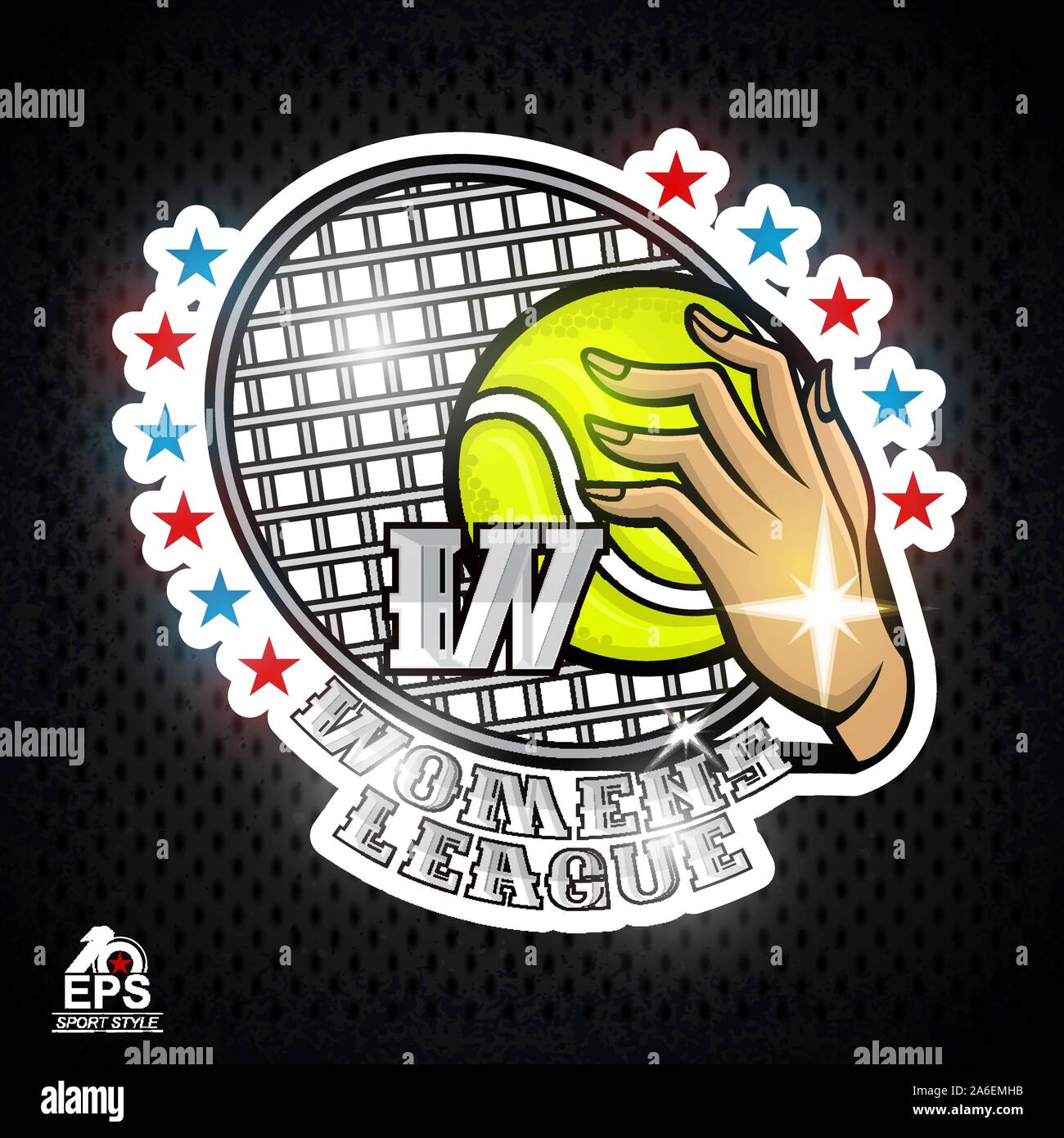 Hand halten Tennis Ball und Schläger in der Mitte. Vector sport Logo für jede Frau Team Stock Vektor