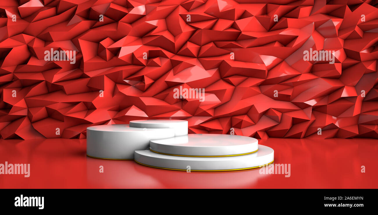 Szene mit geometrischen Formen, weiße, runde Plattform, minimale roten Hintergrund für kommerzielle Werbung, abstrakte Wand formen, Pastell, 3d-illust Stockfoto