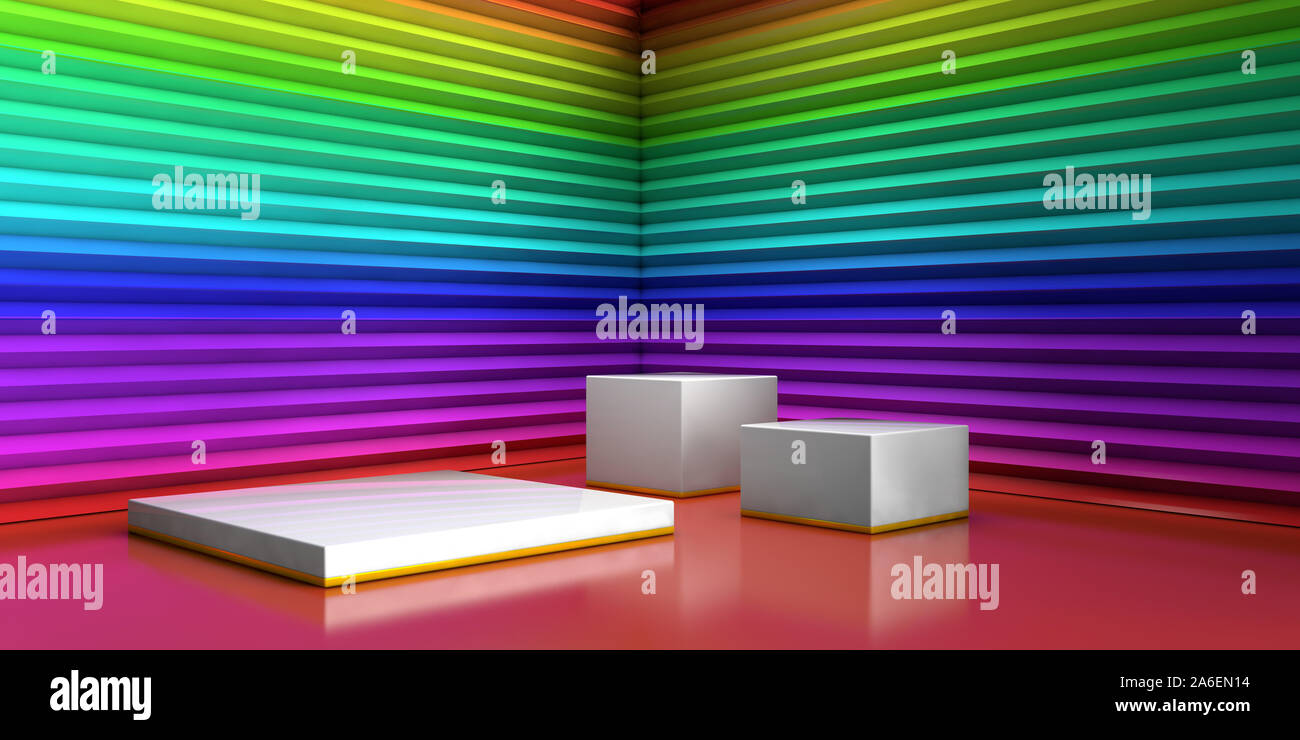 Szene mit geometrischen Formen, weiße quadratische Plattform, minimale Rainbow bunten Hintergrund für kommerzielle Werbung, Regenbogen farbig Zickzack wand Form Stockfoto