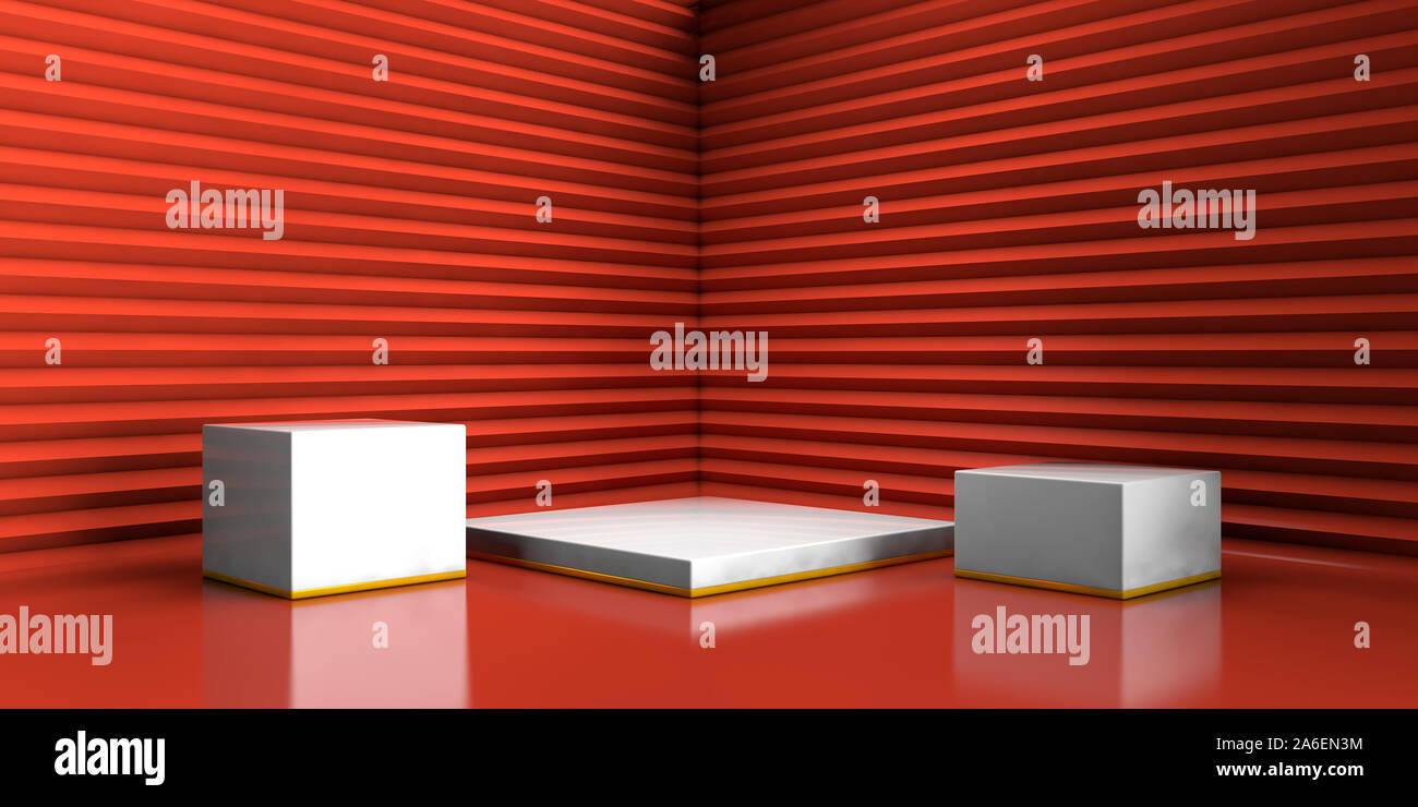 Szene mit geometrischen Formen, weiße quadratische Plattform, minimale roten Hintergrund für kommerzielle Werbung, roten Zick-zack-Wand formen, Pastell, 3D-ren Stockfoto