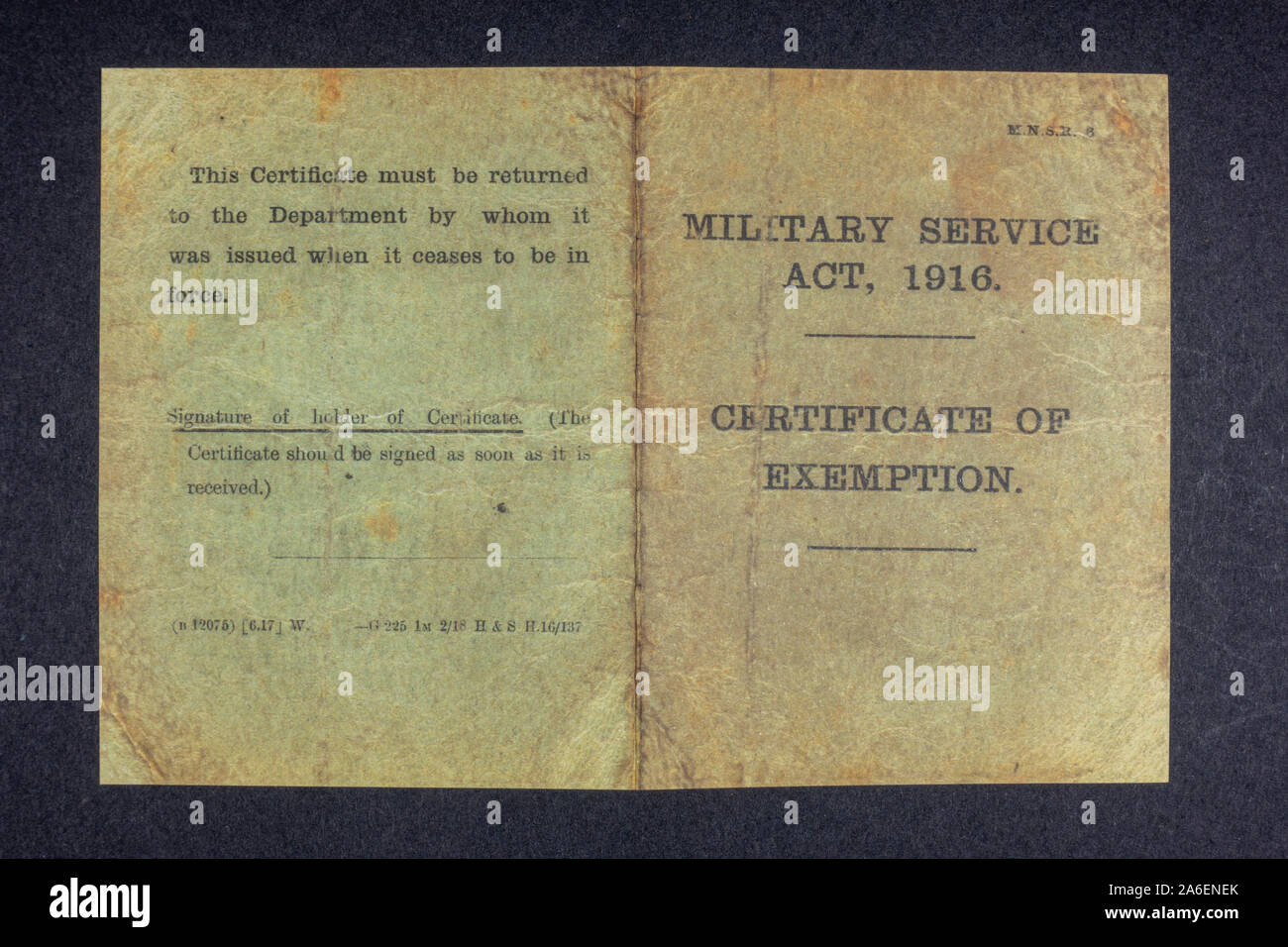 Ausnahmezertifikat, Militärdienstgesetz, auf der Vorder- und Rückseite von 1916 (Nachbau), ein Erinnerungsstück aus der ersten Zeit des ersten Weltkriegs. Stockfoto