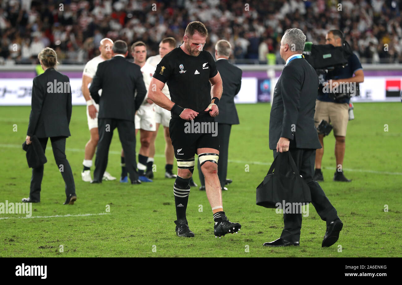 Neuseelands Kieran Lesen abgedeckt im Blut nach der 2019 Rugby WM Finale von International Stadium Yokohama. Stockfoto