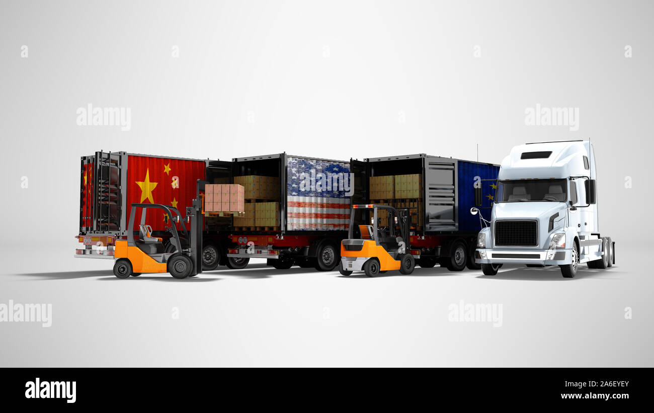 Modernes Konzept der Verladung von Waren in Anhänger für den Transport Kipper 3D-Render auf grauem Hintergrund mit Schatten Stockfoto