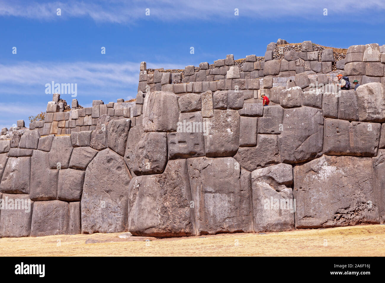 Ein Teil der ursprünglichen Wand des Inka Festung Sacsayhuaman in der Nähe von Cusco, Peru. Stockfoto