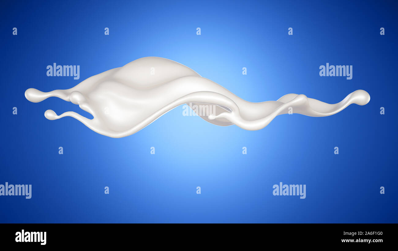 Schönes, elegantes Splash von Milch auf einem blauen Hintergrund. 3D-Illustration, 3D-Rendering Stockfoto