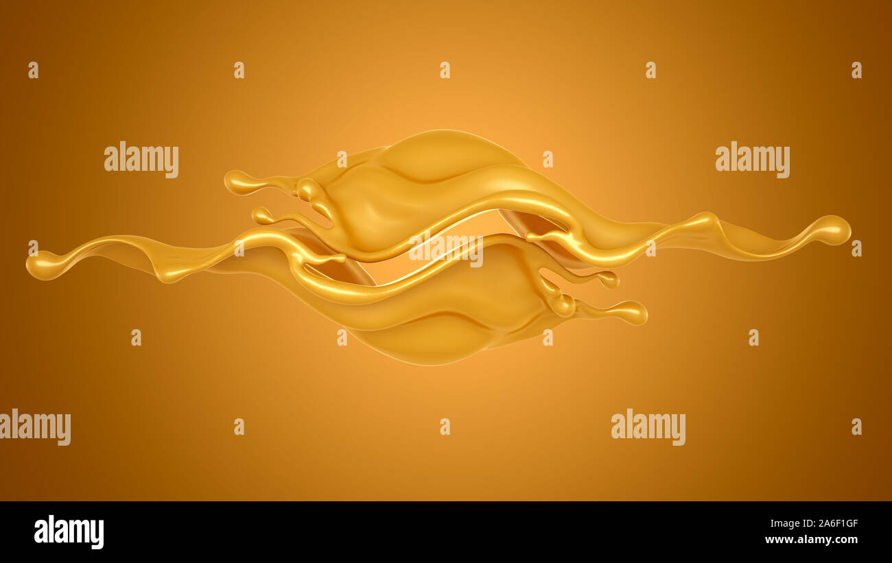 Schönes, elegantes Splash von Karamell auf gelbem Hintergrund. 3D-Illustration, 3D-Rendering Stockfoto