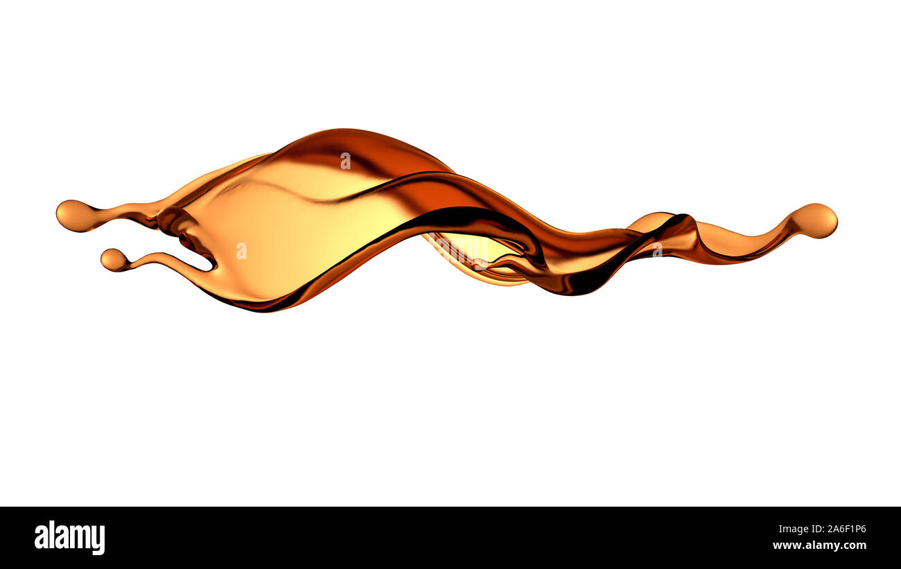 Ein schönes, elegantes Spritzen der braunen Flüssigkeit. 3D-Illustration, 3D-Rendering. Stockfoto