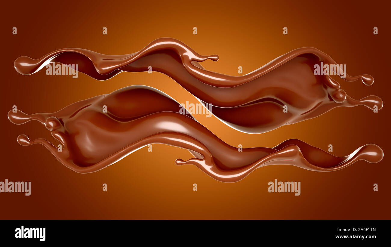 Schönes, elegantes Splash von Schokolade auf braunem Grund. 3D-Illustration, 3D-Rendering. Stockfoto