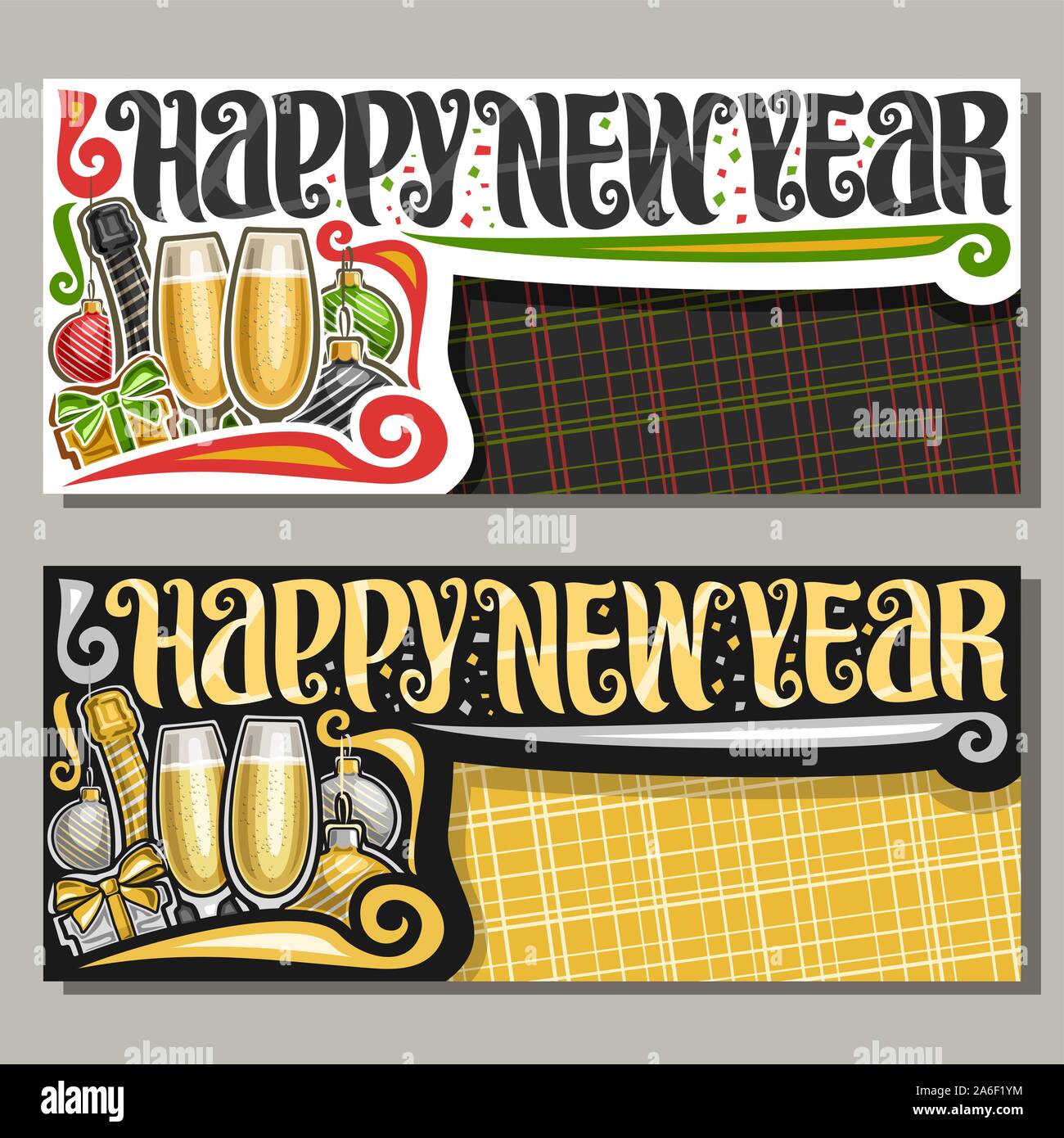 Vektor Banner für ein glückliches neues Jahr mit Kopie Raum, Flasche premium Champagner und Gläsern, Pinsel Kalligraphie für wünschen Nachricht - Frohes neues Jahr, bürgen Stock Vektor