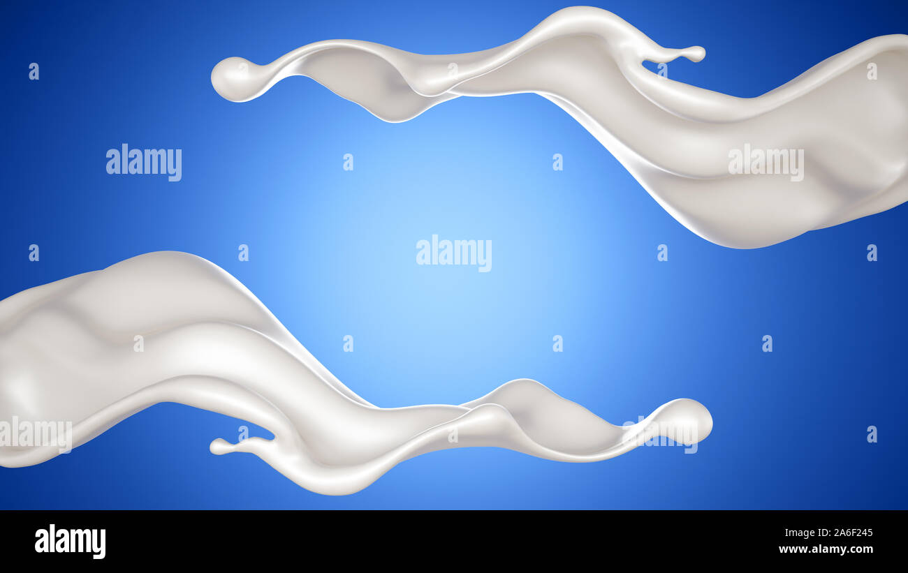 Schönes, elegantes Splash von Milch auf einem blauen Hintergrund. 3D-Illustration, 3D-Rendering. Stockfoto