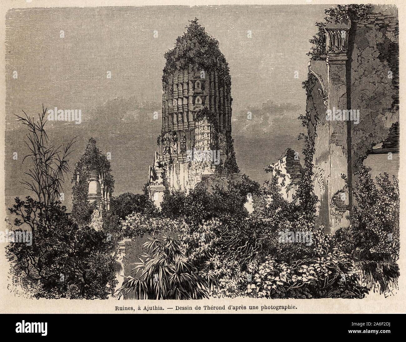 Les Ruinen pries dans la Vegetation de la Jungle, ein Ajuthia (andamanensee), dessin de illustrer Therond, pour le Voyage dans les royaumes de Siam, de C Stockfoto