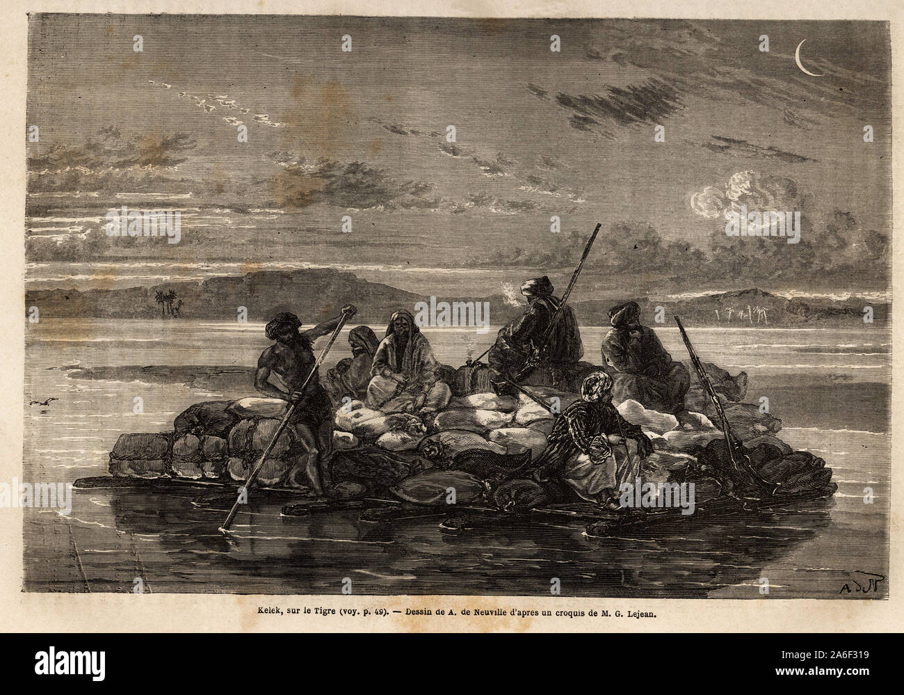 Kelek sur le Tigre, Kulturbereich traditionnel de commerce Plancher de bois soutenu par une Couche d'outres gonflees d'air, pour le Transport des marchandis Stockfoto