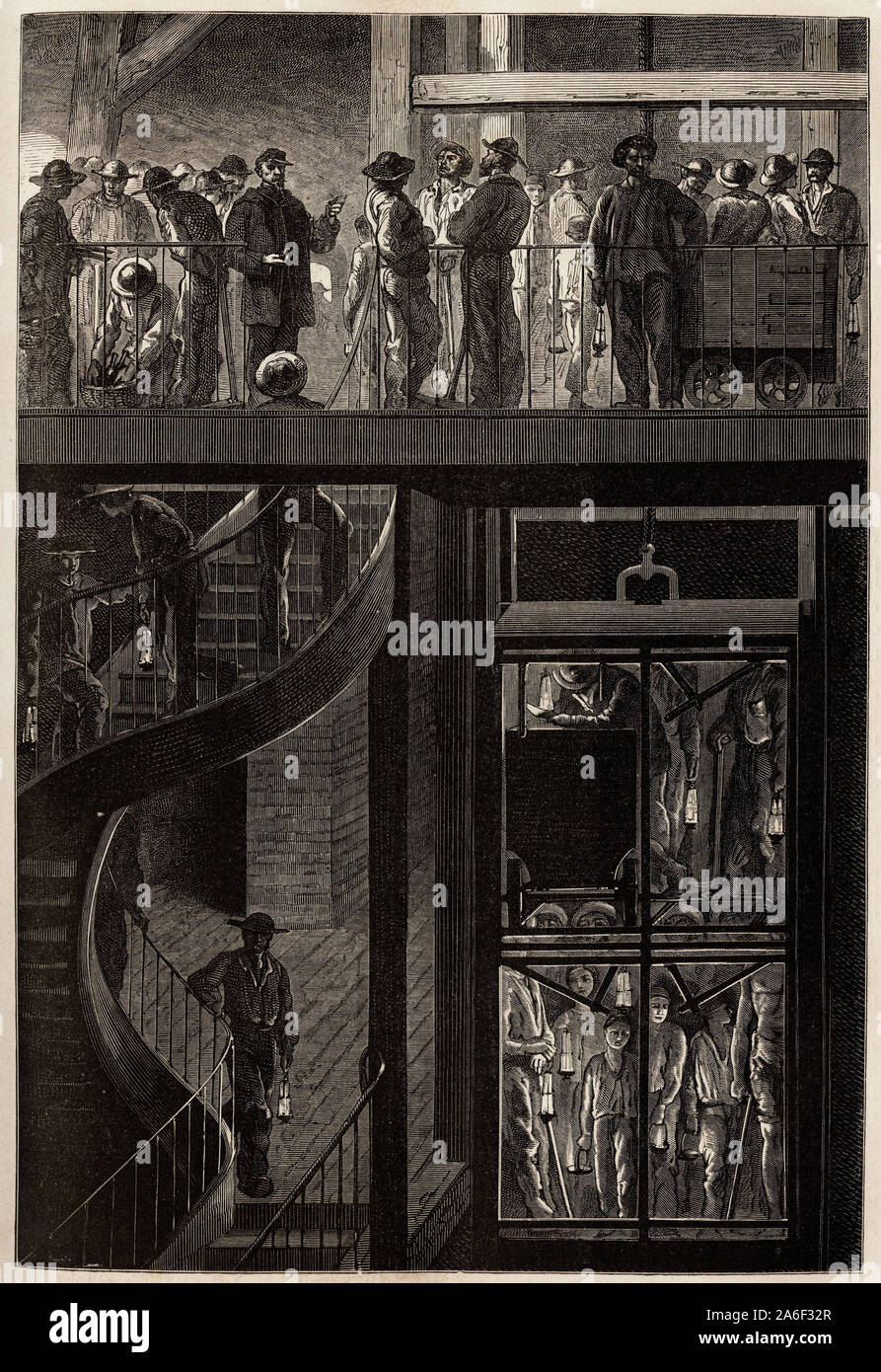La descente des mineurs (Hommes, Femmes et enfants) par la Cage d'ascenseur, dans les Galeries souterraines des Mines de houille du Creusot. Tiefdruck Stockfoto